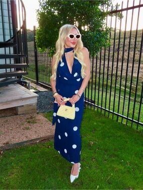 Navy Polka Dot Halter Maxi Dress